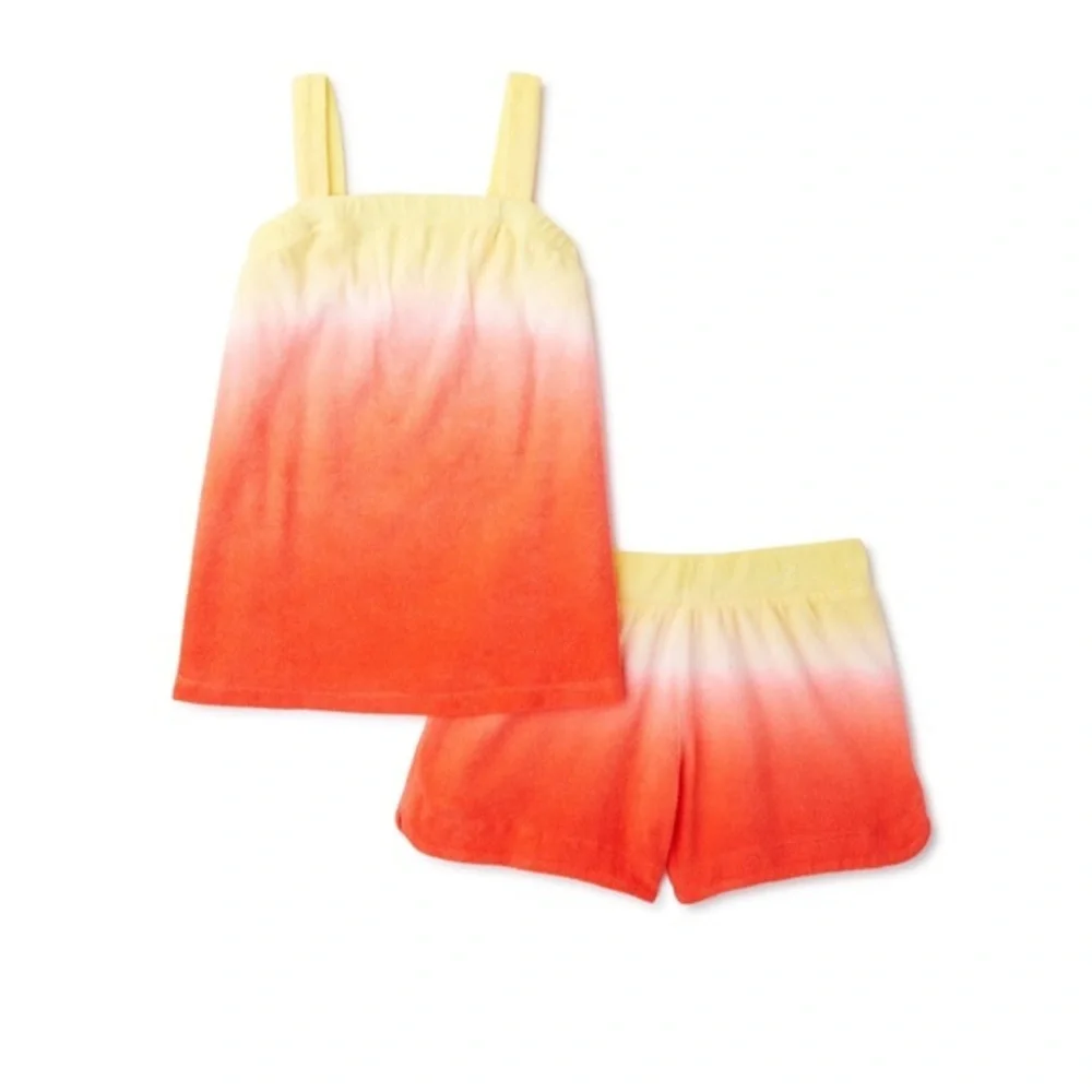 Girl’s 2Piece Terry Towel yellow & coral Ombre‎ tank shorts set size XS (4/5)